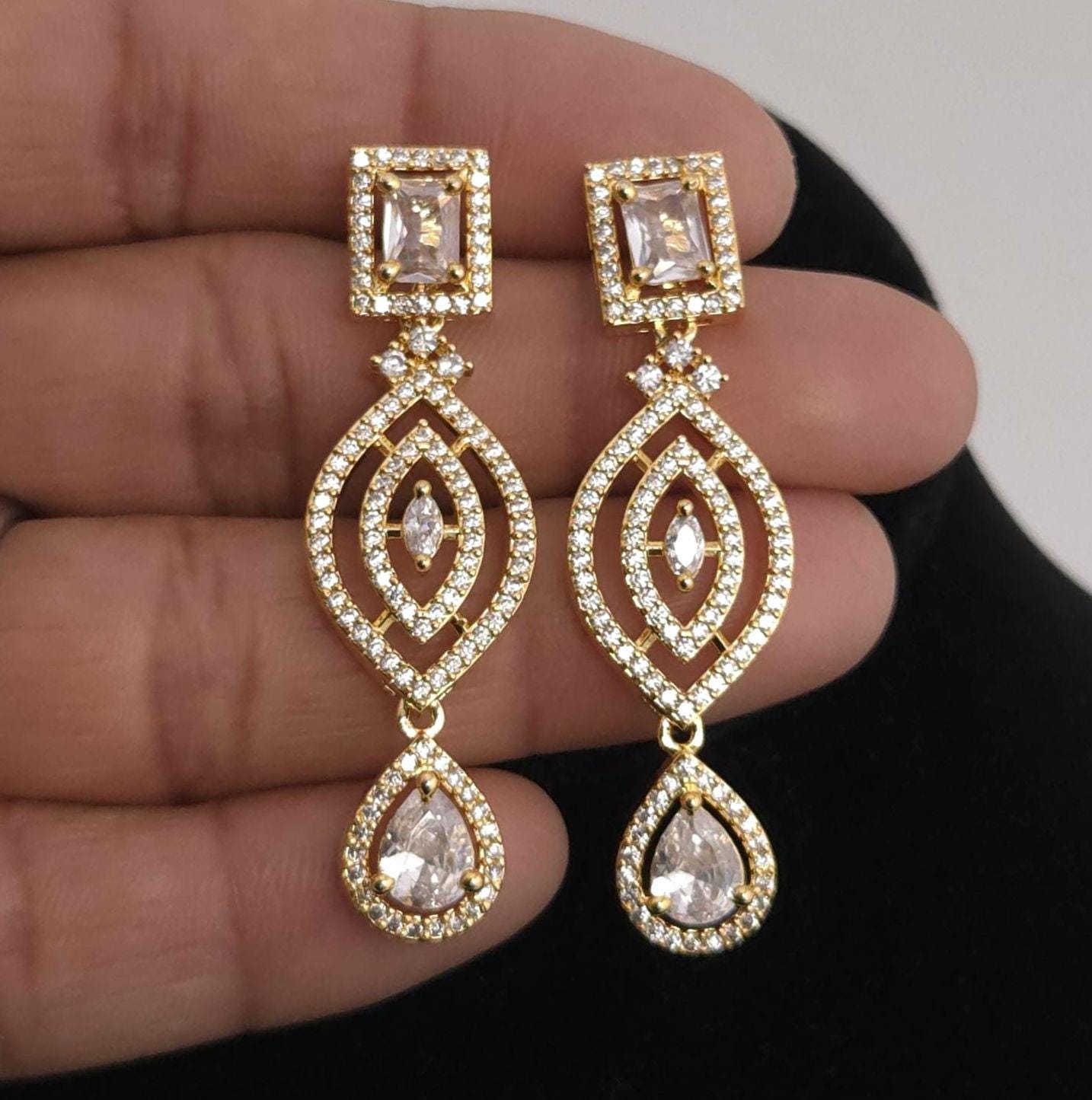 Gold Plated Emerald Cut CZ Bridal Necklace Set with Earrings, Geometric Art Deco Jewelry