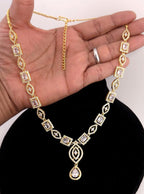 Gold Plated Emerald Cut CZ Bridal Necklace Set with Earrings, Geometric Art Deco Jewelry