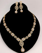 Gold Plated Emerald Cut CZ Bridal Necklace Set with Earrings, Geometric Art Deco Jewelry