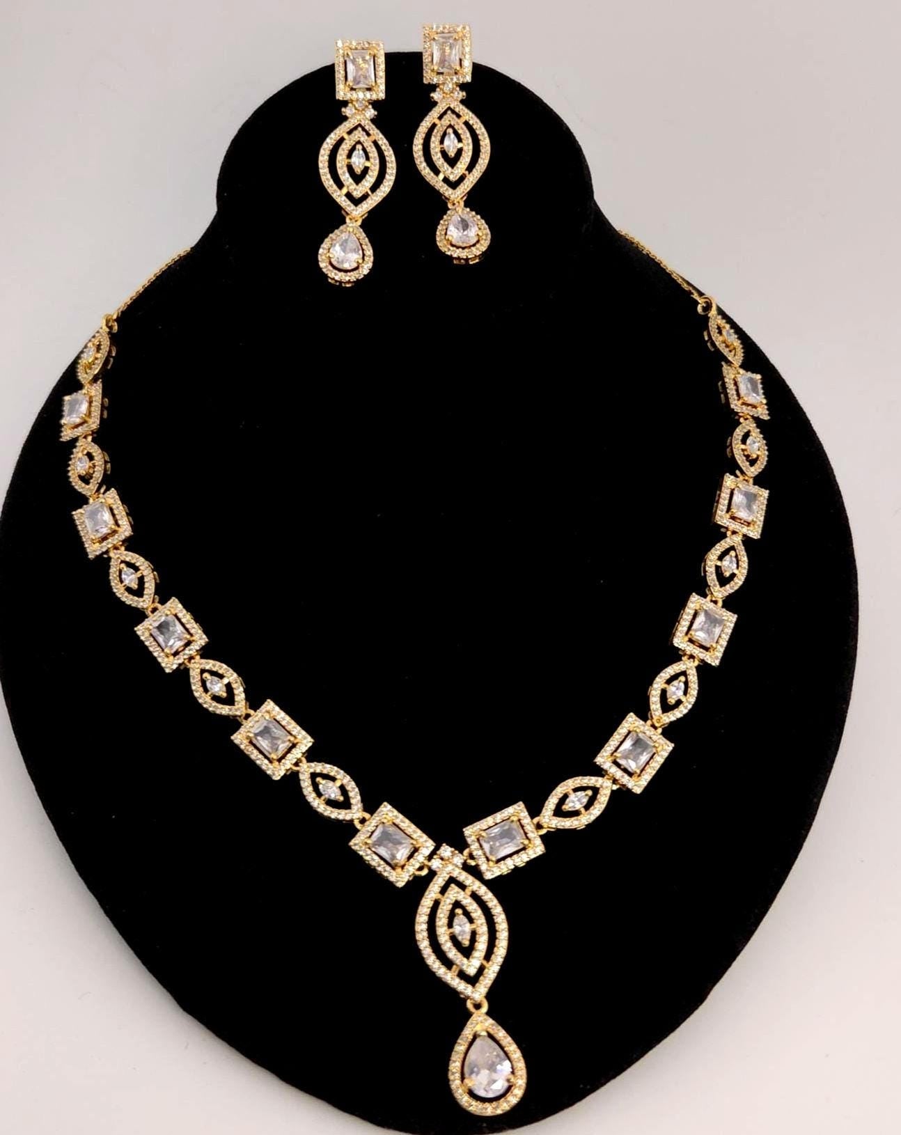 Gold Plated Emerald Cut CZ Bridal Necklace Set with Earrings, Geometric Art Deco Jewelry
