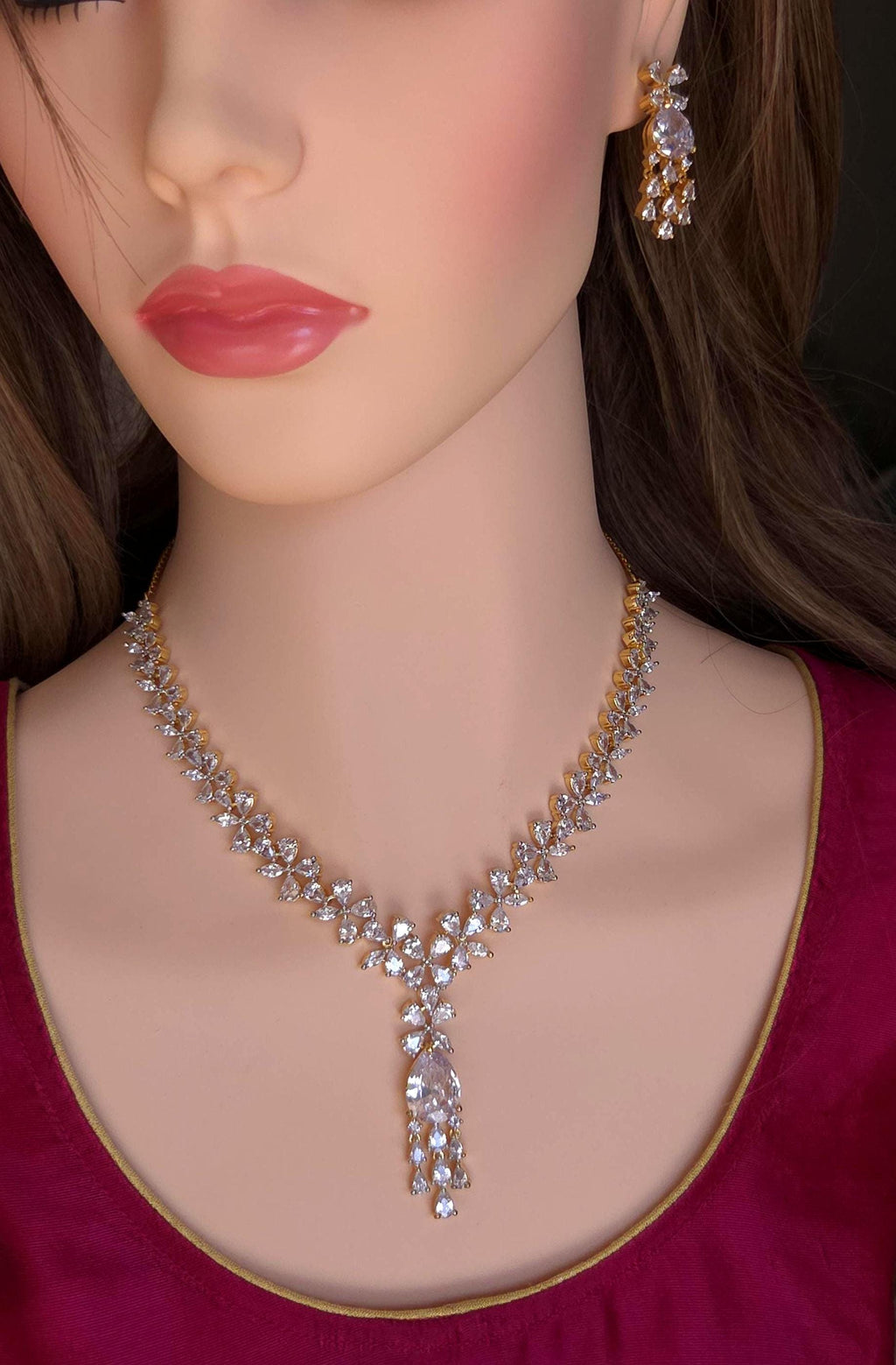 Gold Plated Floral CZ Bridal Necklace & Earrings Set – Indian Wedding Jewelry