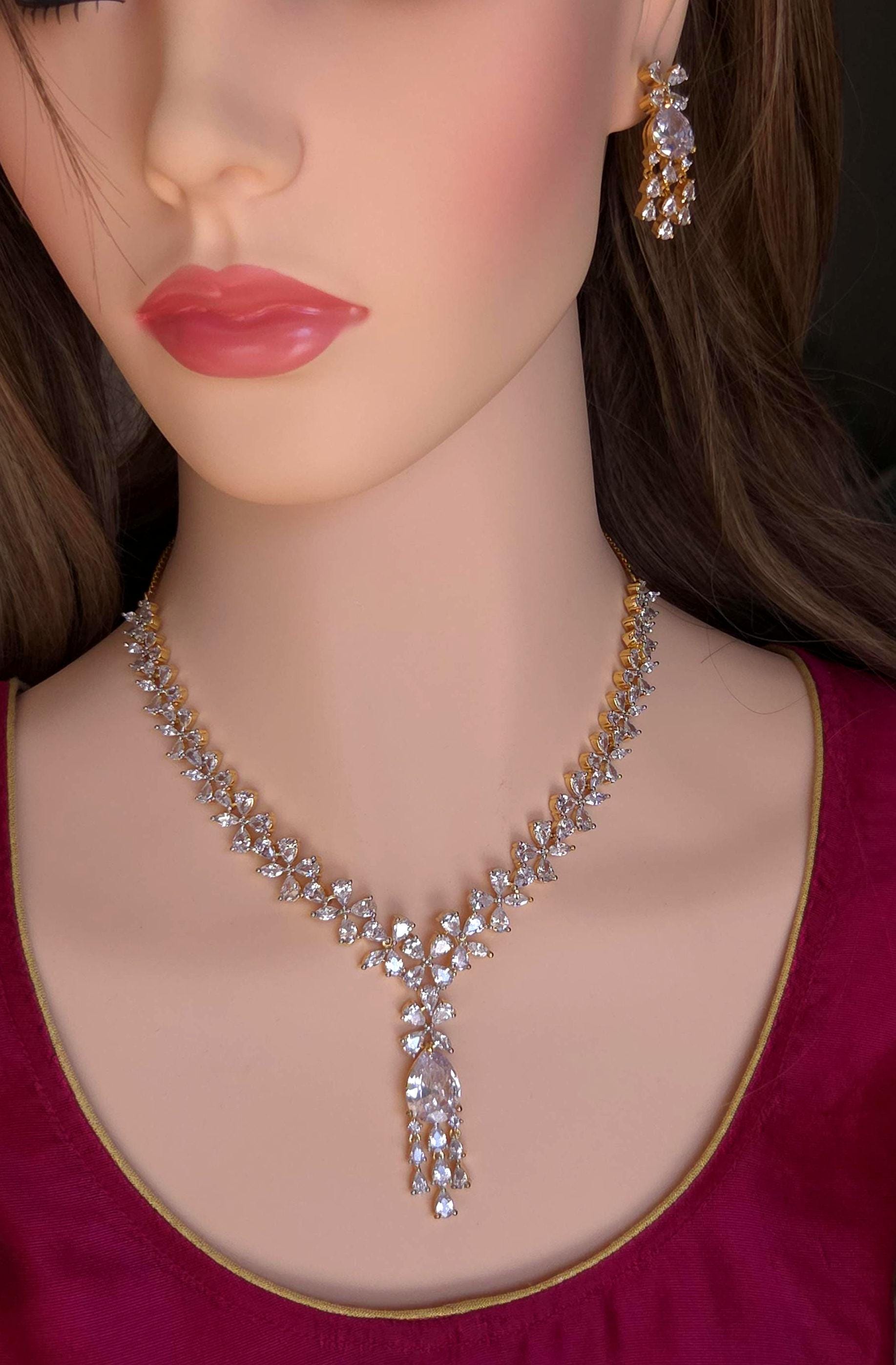 Gold Plated Floral CZ Bridal Necklace & Earrings Set – Indian Wedding Jewelry