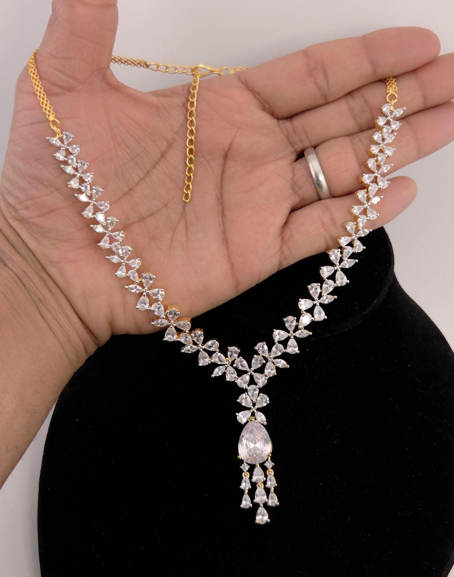 Gold Plated Floral CZ Bridal Necklace & Earrings Set – Indian Wedding Jewelry