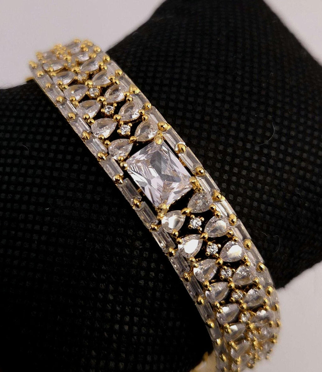 Gold Plated CZ Openable Bracelet | Emerald Cut Stone, Bridal Wedding Bangle