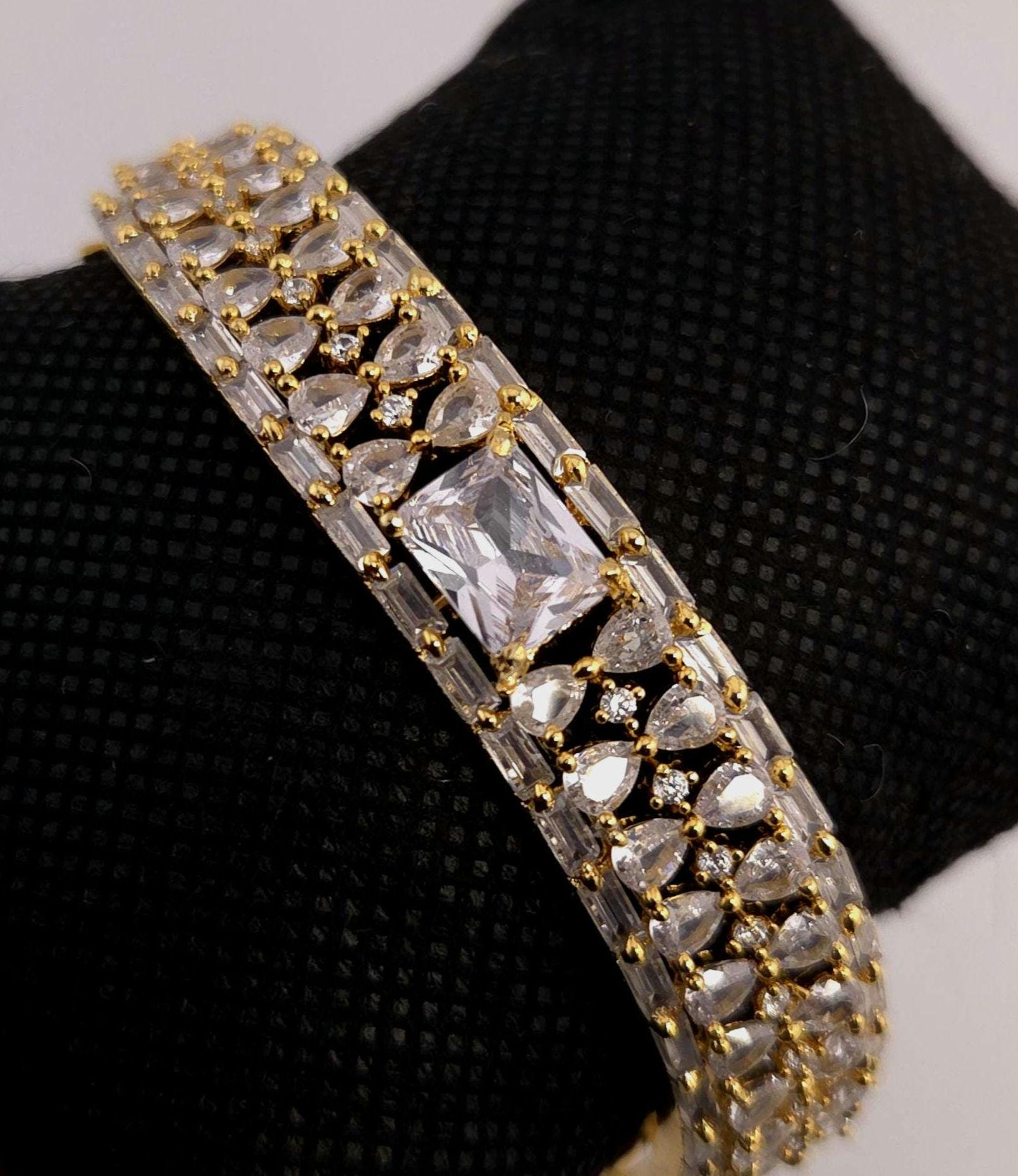 Gold Plated CZ Openable Bracelet | Emerald Cut Stone, Bridal Wedding Bangle