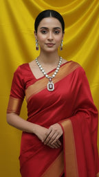 Woman wearing a red ruby necklace