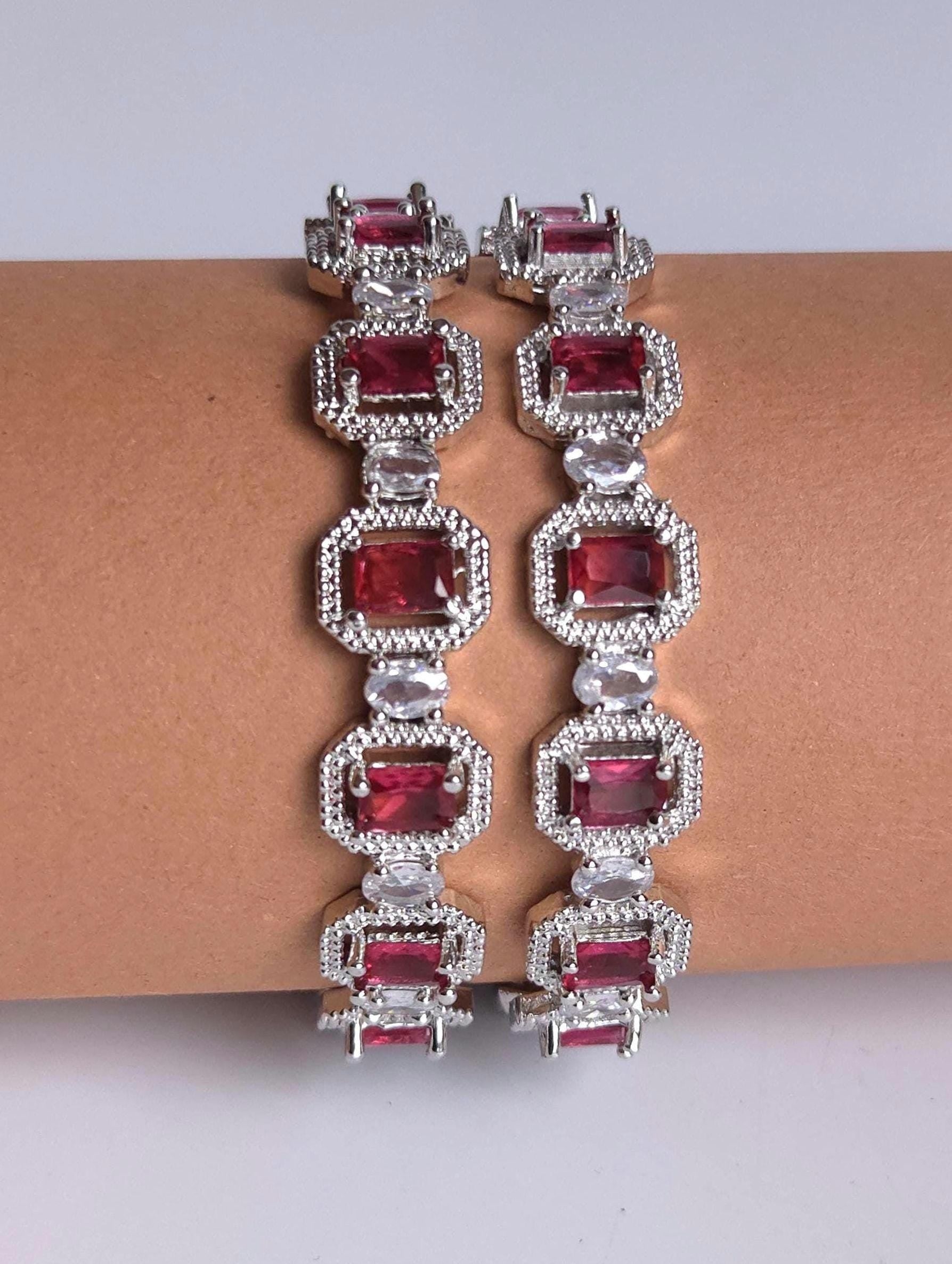 Red CZ Bridal Bangles – Ruby Tone Emerald Cut Wedding Jewelry