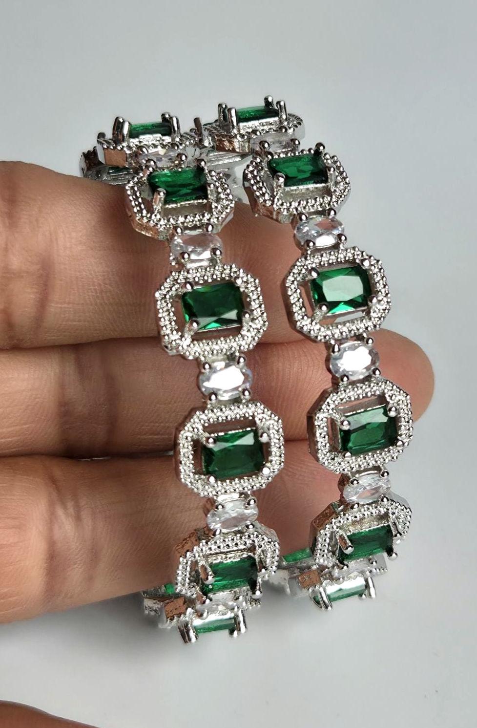 Green AD Statement Bangle Set, Emerald Cut Wedding Bangles, Indian Bracelet for Bridal & Festive Wear