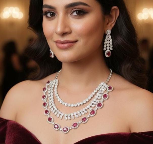 Ruby Red Bridal Necklace Set with American Diamonds – Silver Finish Wedding Jewelry