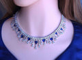 Silver Plated Heart CZ Necklace and Earrings Set, Bridal Diamond-Look Jewelry Royal Blue & Mint Green Pink
