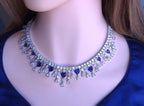 Silver Plated Heart CZ Necklace and Earrings Set, Bridal Diamond-Look Jewelry Royal Blue & Mint Green Pink