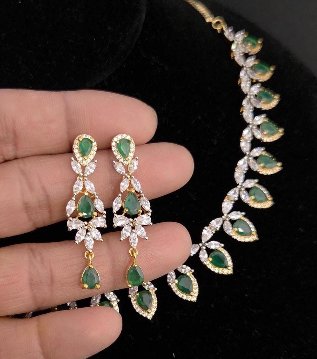Emerald Green CZ Bridal Necklace Set – Gold Plated Wedding Jewelry Choker