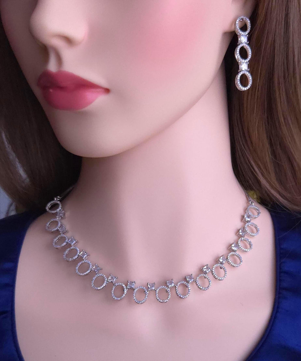 Silver CZ Oval Link Necklace & Earrings Set | Bridal Statement Jewelry