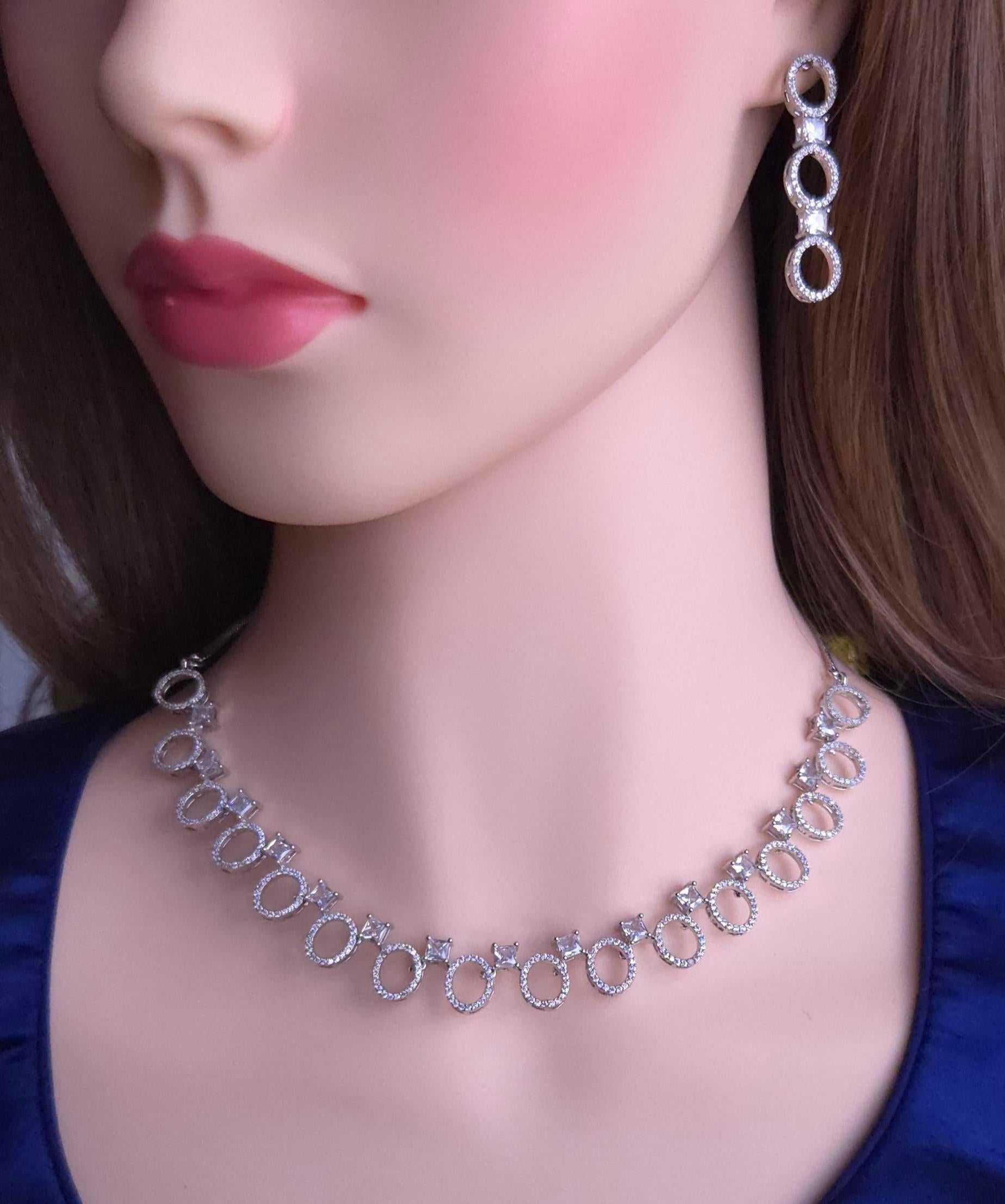 Silver CZ Oval Link Necklace & Earrings Set | Bridal Statement Jewelry