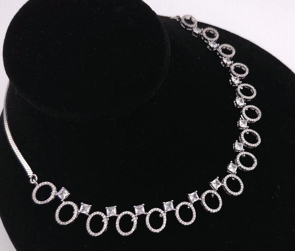 Silver CZ Oval Link Necklace & Earrings Set | Bridal Statement Jewelry