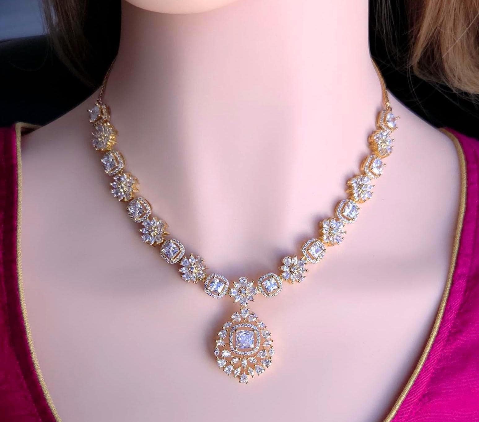 Gold Plated CZ Halo Pendant Necklace Set with Matching Earrings, Bridal Jewelry