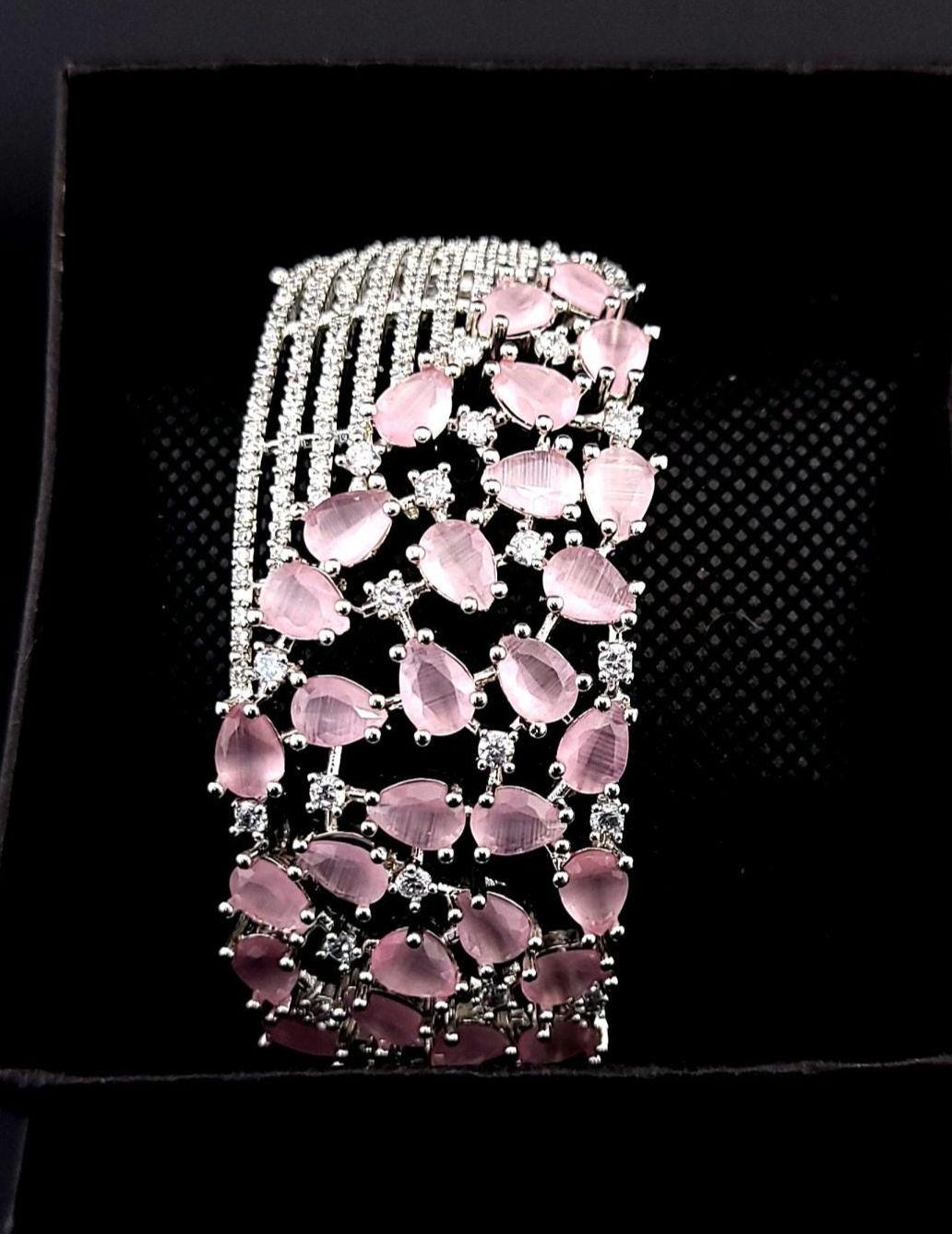 CZ Openable Bridal Bracelet – Indian Wedding Kada in Gold, Green, Blue, Magenta or Pink