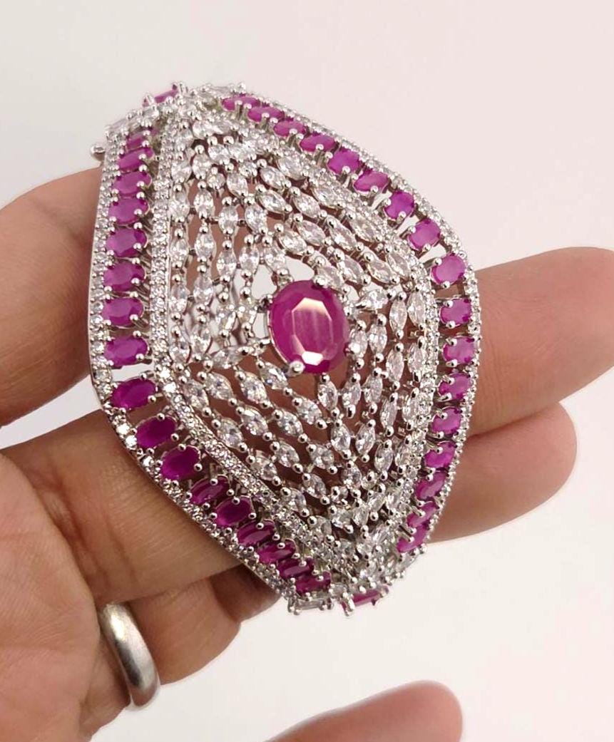 Statement CZ Openable Cuff Bracelet – Adjustable Bridal Wedding Kada, Gold, Multicolor or Magenta