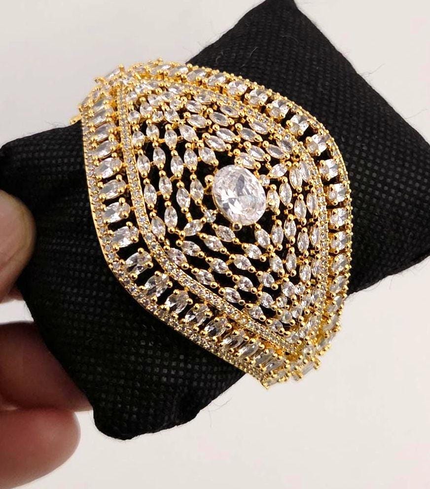 Statement CZ Openable Cuff Bracelet – Adjustable Bridal Wedding Kada, Gold, Multicolor or Magenta