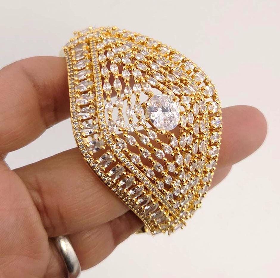 Statement CZ Openable Cuff Bracelet – Adjustable Bridal Wedding Kada, Gold, Multicolor or Magenta