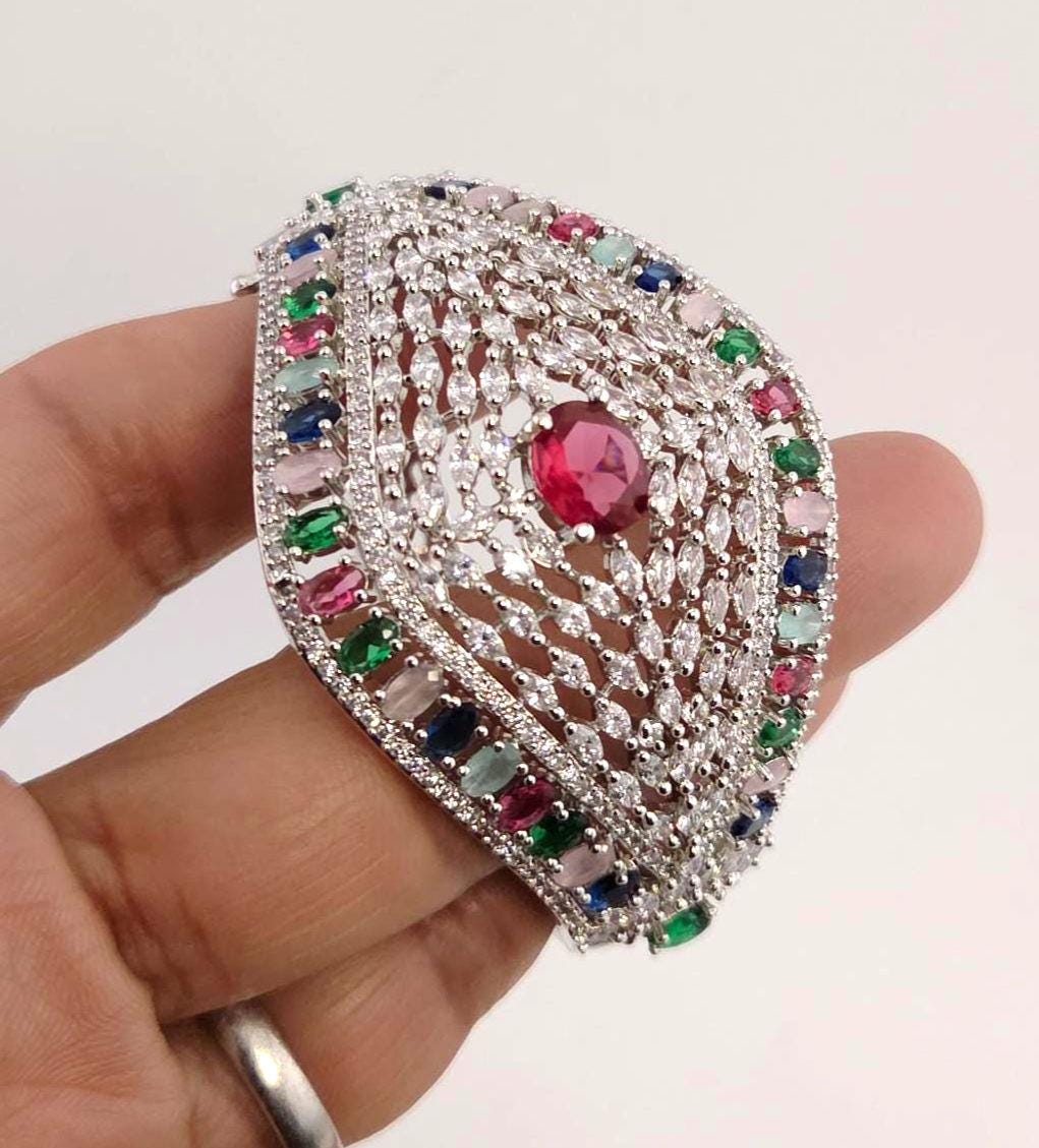 Statement CZ Openable Cuff Bracelet – Adjustable Bridal Wedding Kada, Gold, Multicolor or Magenta