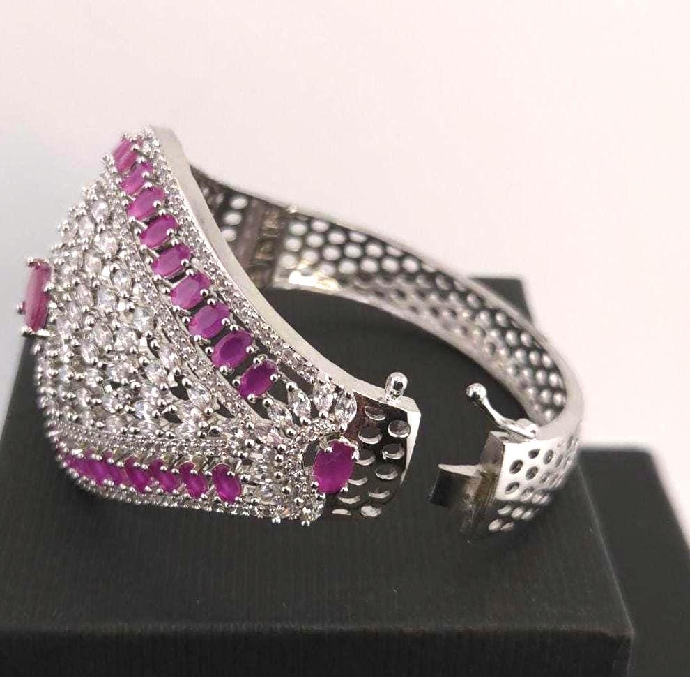 Statement CZ Openable Cuff Bracelet – Adjustable Bridal Wedding Kada, Gold, Multicolor or Magenta