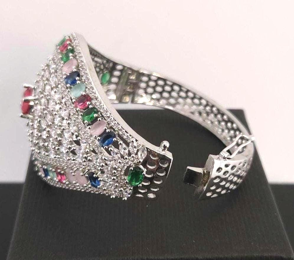 Statement CZ Openable Cuff Bracelet – Adjustable Bridal Wedding Kada, Gold, Multicolor or Magenta