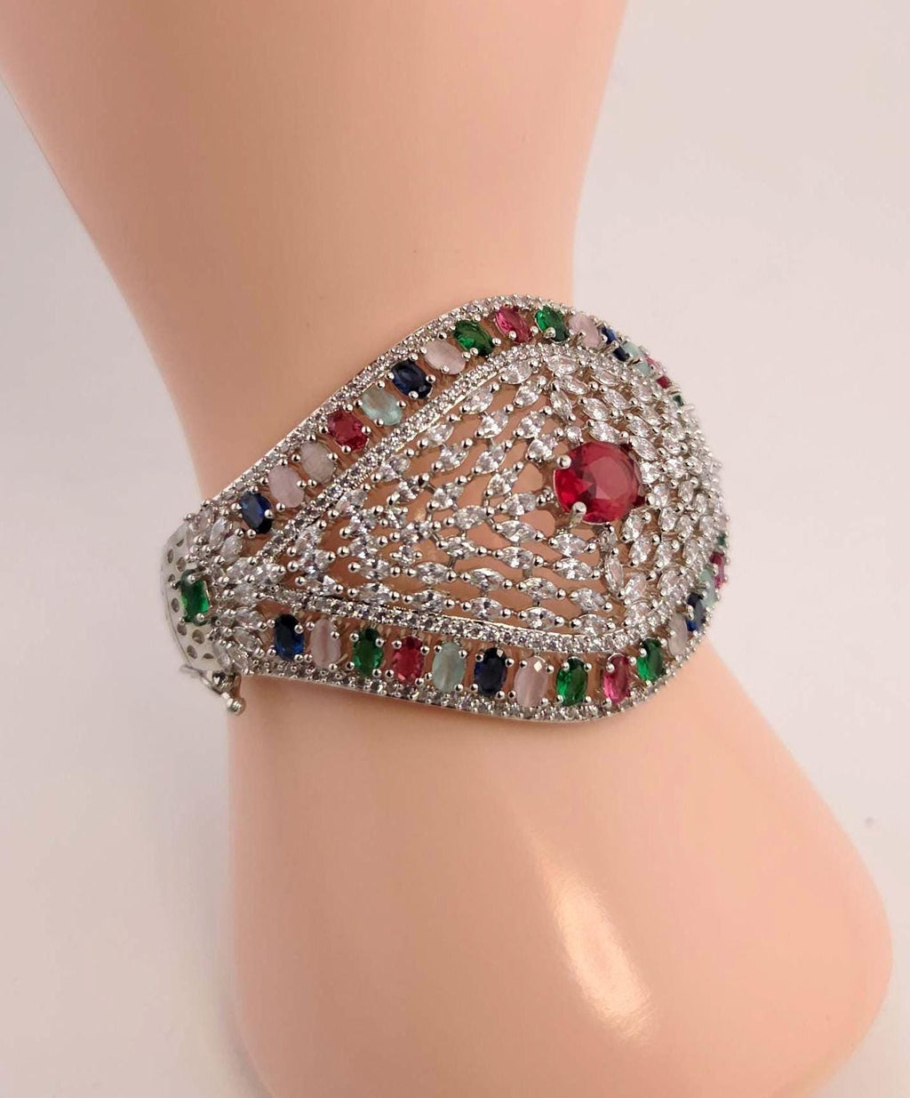 Statement CZ Openable Cuff Bracelet – Adjustable Bridal Wedding Kada, Gold, Multicolor or Magenta