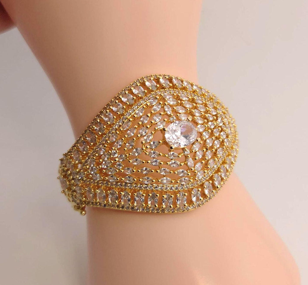 Statement CZ Openable Cuff Bracelet – Adjustable Bridal Wedding Kada, Gold, Multicolor or Magenta
