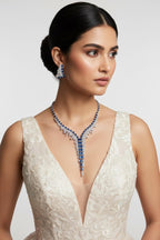 Blue Cubic Zirconia Bridal Necklace Set with Earrings, Silver-Tone Statement Jewelry