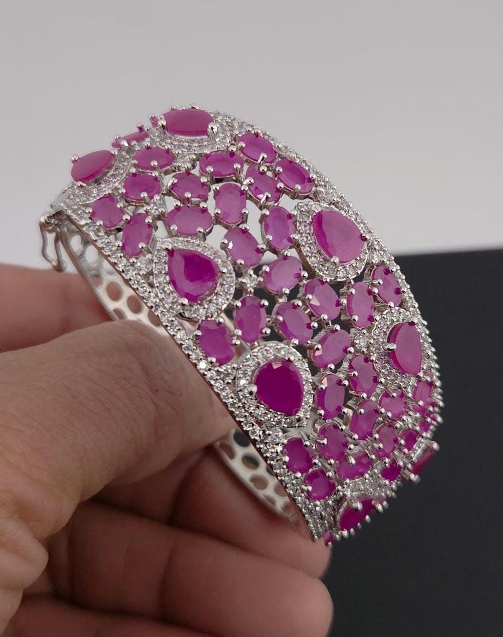 CZ Statement Cuff Bracelet – Gold or Magenta, Bridal Wedding Jewelry