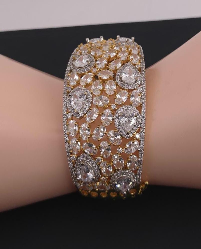 CZ Statement Cuff Bracelet – Gold or Magenta, Bridal Wedding Jewelry