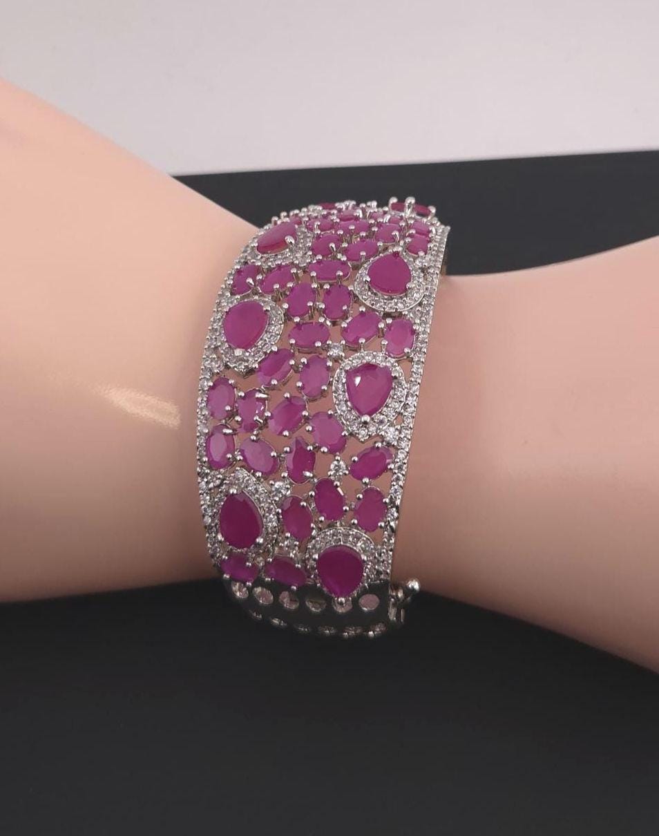 CZ Statement Cuff Bracelet – Gold or Magenta, Bridal Wedding Jewelry