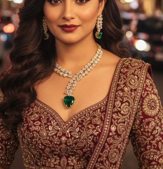 Emerald Heart Choker Necklace and Earring Set • Gold CZ Bridal Jewelry