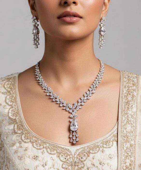 Gold Plated Floral CZ Bridal Necklace & Earrings Set – Indian Wedding Jewelry