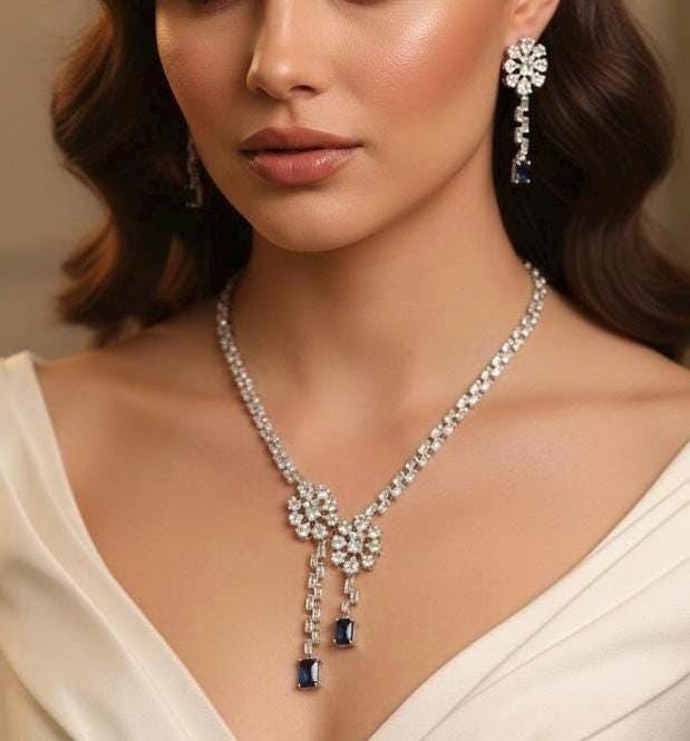 Silver Blue Cubic Zirconia Necklace Earrings Set, Bridal Wedding Drop Jewelry