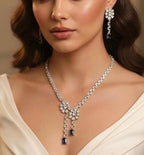 Silver Blue Cubic Zirconia Necklace Earrings Set, Bridal Wedding Drop Jewelry