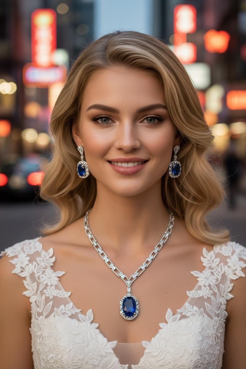 Royal Blue CZ Necklace Earrings Set | Silver Plated Bridal Statement Jewelry