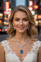 Royal Blue CZ Necklace Earrings Set | Silver Plated Bridal Statement Jewelry