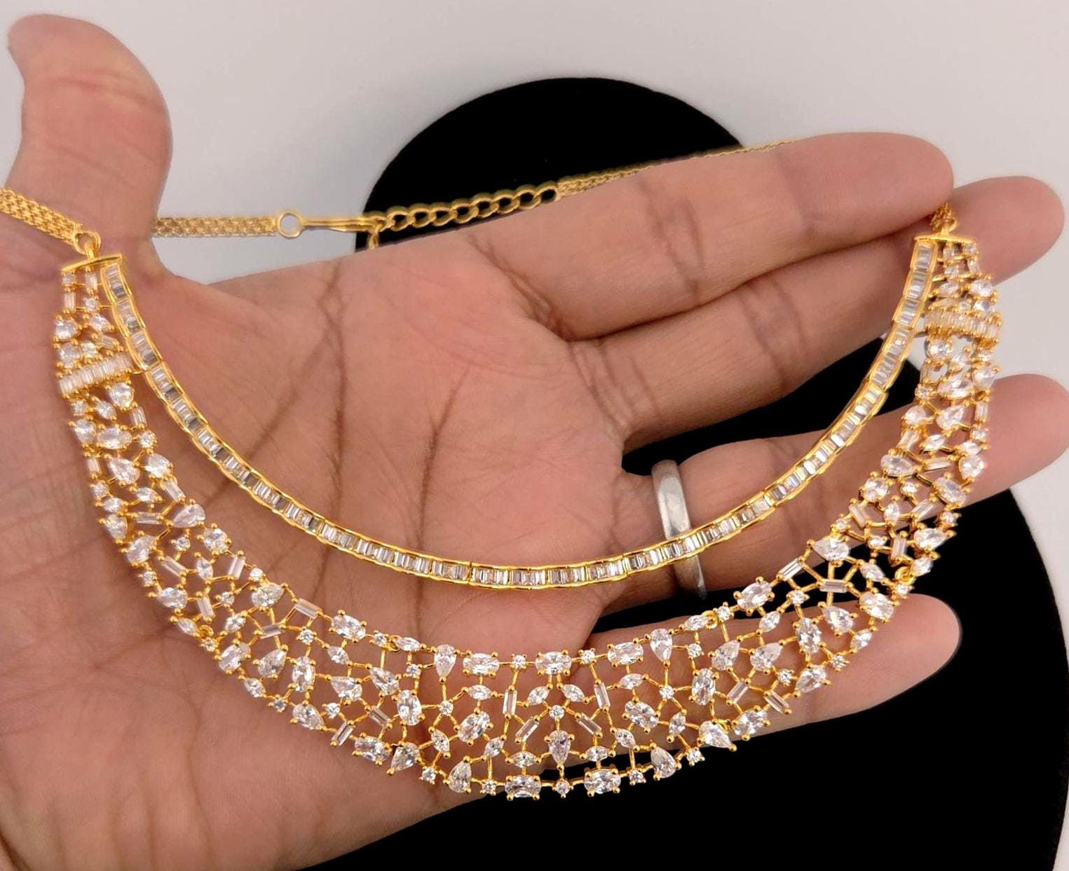 Gold Lattice CZ Necklace Set, Layered Bridal Chandelier Earrings, Wedding Lehenga Jewelry