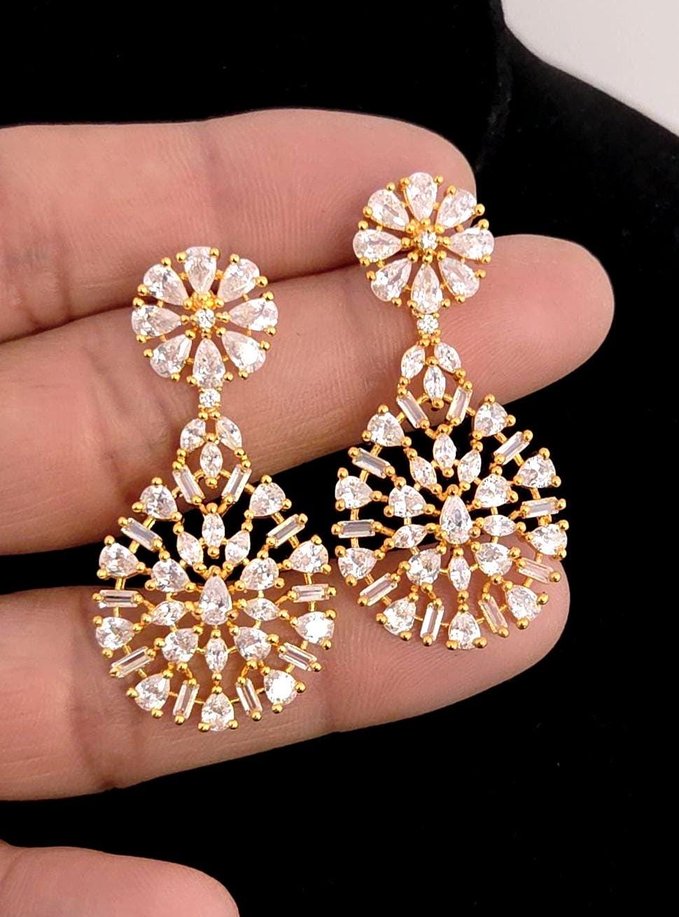 Gold Lattice CZ Necklace Set, Layered Bridal Chandelier Earrings, Wedding Lehenga Jewelry