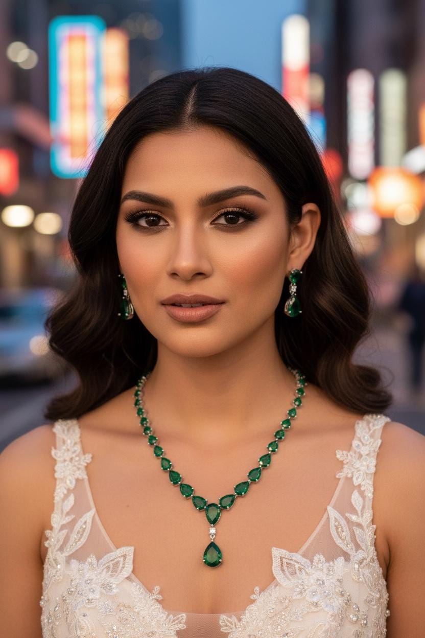 Emerald Green Teardrop Necklace Earrings Set, Silver Plated CZ Bridal Jewelry