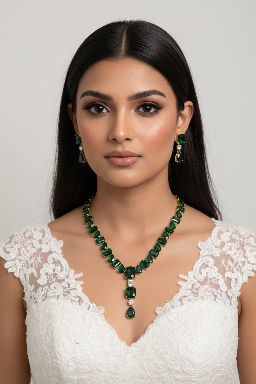 Emerald Green Teardrop CZ Necklace & Earrings Set – Gold Plated Statement Bridal Jewelry