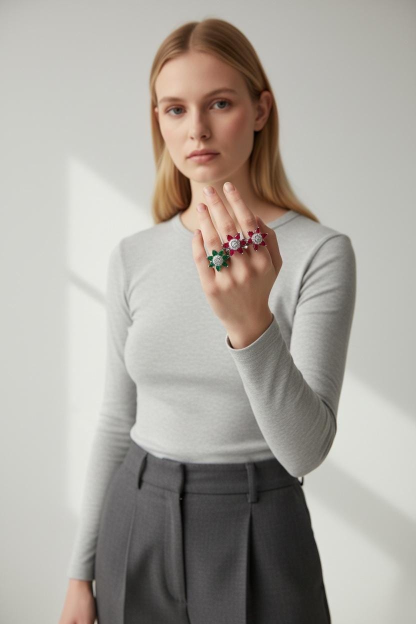 Adjustable Silver Plated Flower Ring, Cubic Zirconia Statement Cocktail Ring