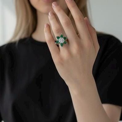 Adjustable Silver Plated Flower Ring, Cubic Zirconia Statement Cocktail Ring