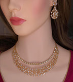 Gold Lattice CZ Necklace Set, Layered Bridal Chandelier Earrings, Wedding Lehenga Jewelry