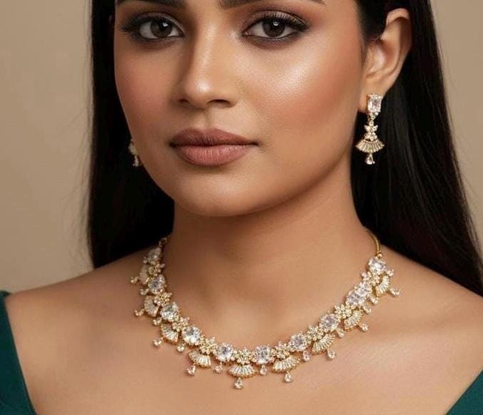 Gold CZ Floral Fan Necklace Set | Bridal Statement Jewelry with Earrings