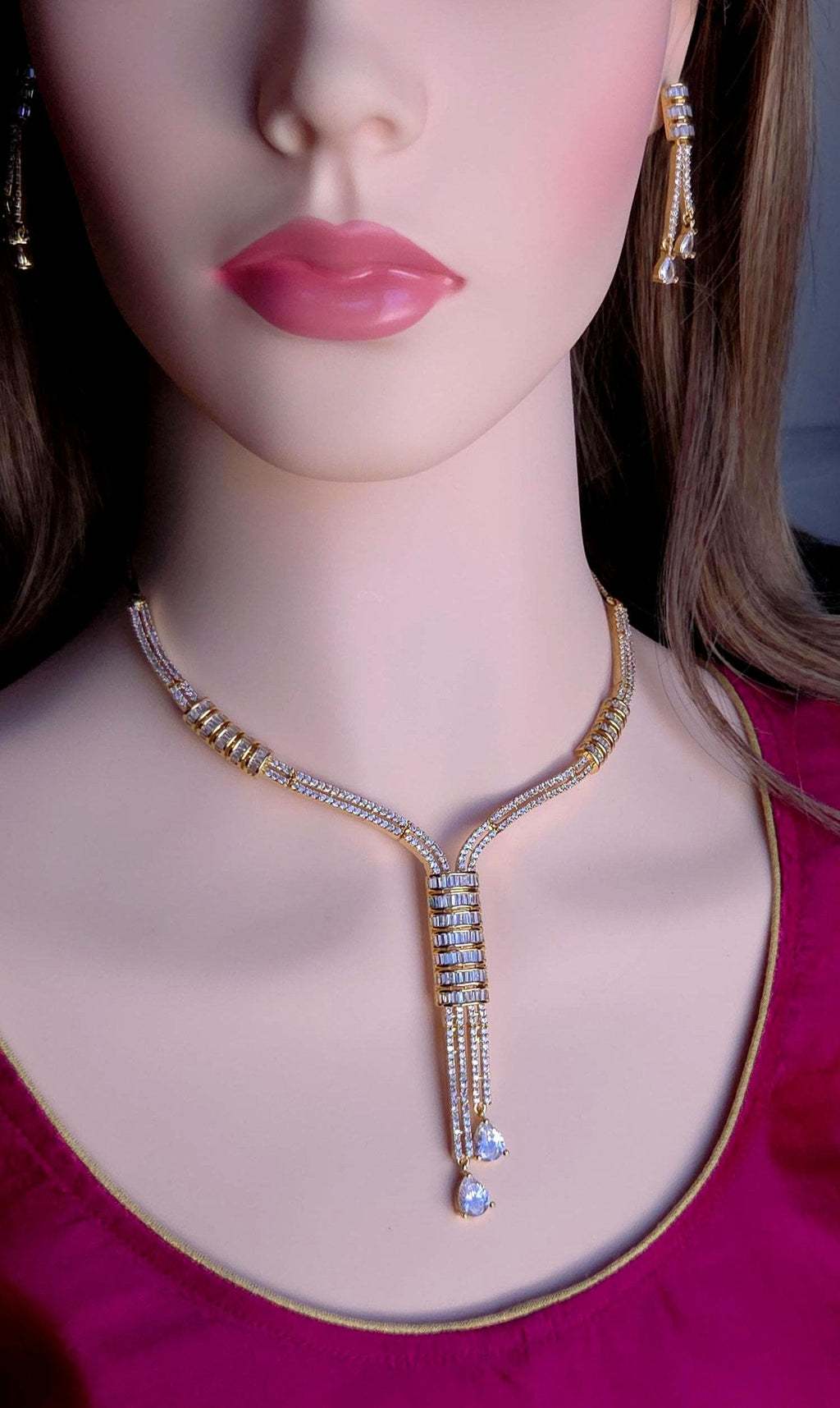 Gold Y-Drop CZ Bridal Necklace & Earrings Set – Indian Wedding Jewelry