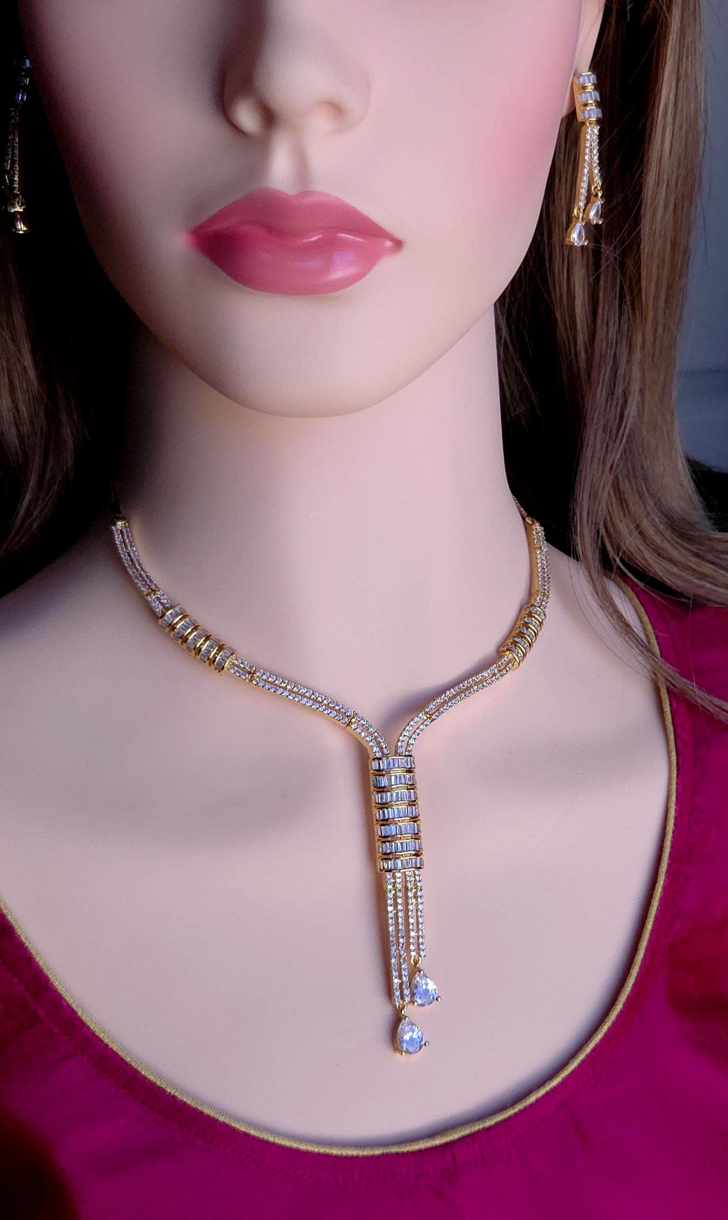 Gold Y-Drop CZ Bridal Necklace & Earrings Set – Indian Wedding Jewelry