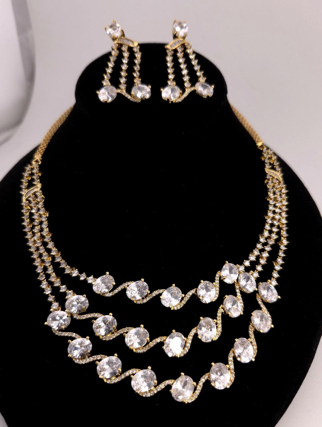 Indian Bridal Necklace Set with Earrings – Statement American Diamond Jewelry (Silver or Gold)